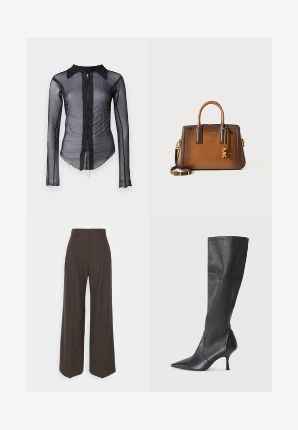 Langer schwarzer Wollmantel mit breiten Revers, drei Vorderknöpfen, zwei aufgesetzten Taschen und langen Ärmeln.; Schwarze, durchsichtige Langarmbluse mit spitzem Kragen, die eine vordere Schnürung aus Spitze und eine geraffte Textur entlang der Seiten aufweist.; Dunkelbraune weite Hose mit hoher Taille, die über sorgfältig gebügelte Falten, eine glatte Textur und eine taillierte Passform verfügt.; Knöchelhoche schwarze Lederstiefel mit einer spitzen Zehe und einem schlanken Stiletto-Blockabsatz. Glatte Textur mit einer enganliegenden Passform und Nähten am oberen Rand.; Braune Lederhandtasche mit zwei oberen Tragegriffen, einem abnehmbaren Schulterriemen, goldenen Beschlägen und einem dekorativen Charm mit den Buchstaben "MK."