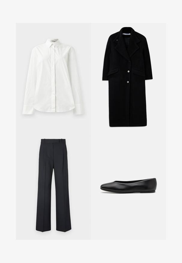 Long black wool coat with wide lapels, three front buttons, two flap pockets, and long sleeves.; White cotton long-sleeve shirt with a pointed collar, button-front closure, and rounded hem. Smooth texture, regular fit, and no patterns.; Dark blue pinstriped trousers with a high waist, wide leg design, and no visible hardware or embellishments. Smooth texture and tailored fit.; Paul Smith TOPANGA - Ballet pumps - black