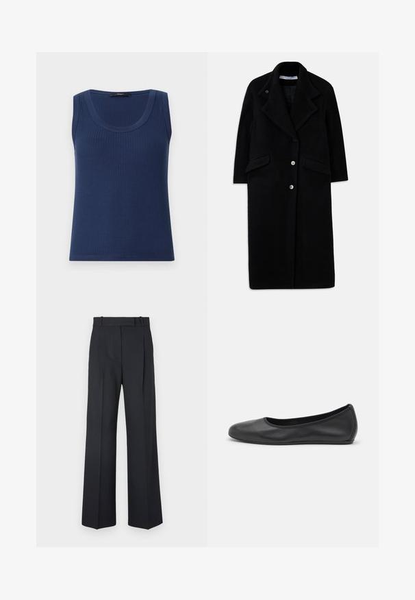 Long black wool coat with wide lapels, three front buttons, two flap pockets, and long sleeves.; Navy blue ribbed sleeveless top with a round neckline. Made from a soft fabric, featuring a fitted design and straight hem.; White cotton long-sleeve shirt with a pointed collar, button-front closure, and rounded hem. Smooth texture, regular fit, and no patterns.; Dark blue pinstriped trousers with a high waist, wide leg design, and no visible hardware or embellishments. Smooth texture and tailored fit.; Black leather ballet flat with a rounded toe, smooth texture, minimal stitching detail, and a flexible sole design.
