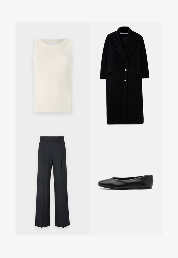 Dlouhý černý vlněný kabát s širokými klopami, třemi předními knoflíky, dvěma kapsami s klopami a dlouhými rukávy.; Hladký, bezramínkový top v barvě off-white. Má kulatý výstřih a jemnou strukturu. Jednoduchý design bez viditelných log a vzorů.; Bílá bavlněná košile s dlouhým rukávem, špičatým límcem, zapínáním na knoflíky vpředu a zaobleným lemem. Hladká textura, klasický střih a žádné vzory.; Tmavě modré kalhoty s pruhy, vysokým pasem, širokým nohavicemi a bez viditelného kování nebo ozdob. Hladká textura a přesně padnoucí střih.; Paul Smith TOPANGA - Klasické baleríny - black