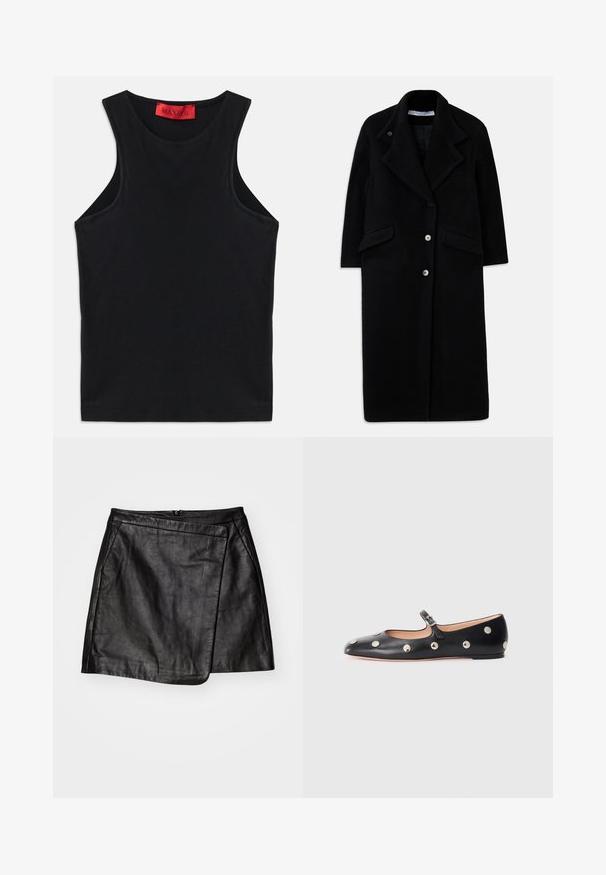 Langer schwarzer Wollmantel mit breiten Revers, drei Vorderknöpfen, zwei aufgesetzten Taschen und langen Ärmeln.; Schwarzes ärmelloses Oberteil aus weichem Baumwollstoff. Mit Rundhalsausschnitt und normalem Saum. Einfaches Design, ohne sichtbare Muster oder Akzente.; Weißes Baumwollhemd mit langen Ärmeln, spitzen Kragen, Knopfverschluss vorne und abgerundetem Saum. Glatte Textur, normale Passform und keine Muster.; Schwarzer Leder-Minirock mit asymmetrischem Wickeldesign, das eine glatte Textur und einen Reißverschluss auf der Rückseite bietet.; Schwarze Leder-Mary-Jane-Ballenflats mit runder Zehenform, ausgestattet mit silbernen runden Nieten und einem verstellbaren Riemen mit Schnalle.