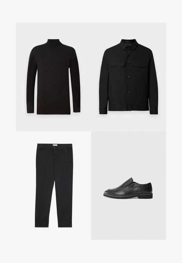 Melnā jaka no gludas auduma, ar apkakli, divām krūšu kabatām un pogu aizdari priekšpusē.; Melna turtlenecks džemperis, izgatavots no mīkstas adītas auduma. Pieder garas piedurknes un pieguļošs dizains ar ribotām malām un apkakli. Minimāla zīmola identifikācija.; Melni kokvilnas bikses ar šauru piegriezumu, kurām ir divas sānu kabatas un priekšējā pogu aizdare. Tekstūrēta auduma ar smalku detalizāciju.; Melnas ādas slip-on kurpes ar gludu augšdaļu, izšūtām akcentiem, noapaļotu purngala daļu un zemu gumijas papēdi. Zole ar minimālu rakstu.