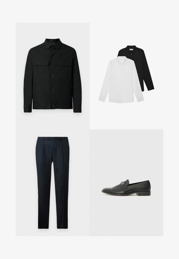 Casaco preto feito de tecido liso, com um decote à collar, dois bolsos no peito e fecho através de botões na frente.; Camisas de mangas compridas brancas e pretas com colarinhos pontiagudos, botões frontais e uma textura de tecido suave. Etiquetas visíveis na parte interna do colarinho.; Calças pretas ajustadas, feitas de um tecido suave, com um design slim fit, duas pregas frontais e uma cintura plana sem fechos visíveis.; Sapatilha de couro preta com um acabamento suave, apresentando um design cosido e um detalhe decorativo de corrente de metal atravessando o peito do pé. Salto baixo.