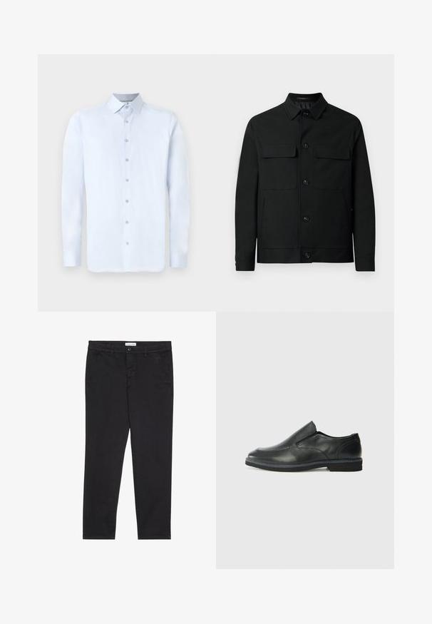 Schwarze Jacke aus glattem Stoff mit kragenförmigem Halsausschnitt, zwei Brusttaschen und Knopfverschluss auf der Vorderseite.; Hellblaues Langarmhemd mit spitzem Kragen, vorderem Knopfverschluss und glatter Textur. Verfügt über silberne Knopfakzente an der Knopfleiste.; Schwarze Baumwollhose im Slim-Fit-Stil mit zwei seitlichen Taschen und einem vorderen Knopfverschluss. Strukturierter Stoff mit subtilen Details.; Schwarze Leder-Slipper mit glattem Obermaterial, gesteppten Akzenten, runder Zehenpartie und niedrigem Gummiabsatz. Die Sohle hat ein minimales Profil.