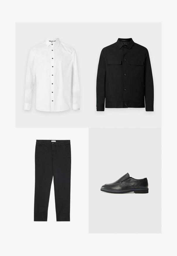Giacca nera realizzata in tessuto liscio, con colletto, due tasche sul petto e chiusura a bottoni sul davanti.; Camicia bianca con bottini neri, realizzata in tessuto liscio, con maniche lunghe e collo classico. Texture morbida, senza fantasie.; Pantaloni neri in cotone con vestibilità slim, dotati di due tasche laterali e chiusura anteriore con bottone. Tessuto testurizzato con dettagli sottili.; Scarpa nera in pelle con inserto scivolare, superiore liscio, dettagli cuciti, punta arrotondata e tacco in gomma basso. La suola presenta un battistrada minimale.