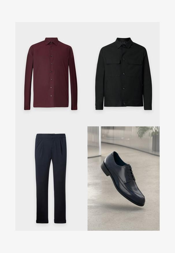 Casaco preto feito de tecido liso, com um decote à collar, dois bolsos no peito e fecho através de botões na frente.; Camisa de manga longa bordeaux em tecido texturizado, com gola e botões pretos na parte da frente, com punhos ajustados.; Calças azul-marinho feitas de um tecido macio, com uma cintura elástica, pregas à frente e bainhas com punhos. Textura suave, design minimalista.; Sapato de dress em couro preto brilhante com atacadores, flutuando acima de um chão liso e cinza claro, com barras metálicas verticais ao fundo.