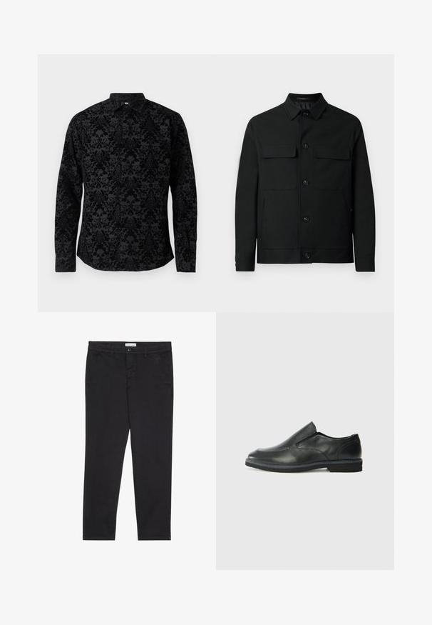 Čierna bunda vyrobená z hladkej látky, s golierom, dvoma náprsnými vreckami a gombíkovým zapínaním po celej dĺžke.; Čierna blúzka s dlhým rukávom, ktorá má textúrovaný damaskový vzor, klasický golier a zapínanie na tlačidlá, vyrobená z jemnej látky s hladkým povrchom.; Čierne bavlnené nohavice so štíhlym strihom, vybavené dvoma bočnými vreckami a predným zapínaním na gombík. Textúrovaná tkanina s jemným detailovaním.; Čierny kožený nazúvací topánka s hladkým zvrškom, prešitými akcentmi, zaoblenou špičkou a nízkym gumovým podpätkom. Podošva má minimálny dezén.