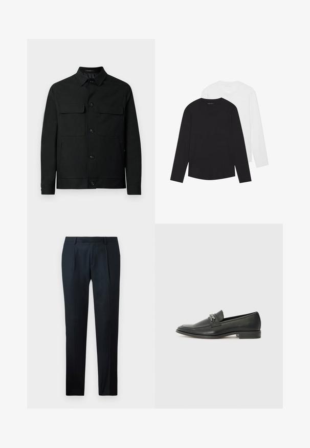 Casaco preto feito de tecido liso, com um decote à collar, dois bolsos no peito e fecho através de botões na frente.; Duas camisas de mangas longas em preto e branco. Feitas de algodão, com decotes redondos e uma textura suave. Design simples, sem padrões.; Calças pretas ajustadas, feitas de um tecido suave, com um design slim fit, duas pregas frontais e uma cintura plana sem fechos visíveis.; Sapatilha de couro preta com um acabamento suave, apresentando um design cosido e um detalhe decorativo de corrente de metal atravessando o peito do pé. Salto baixo.