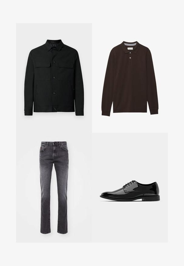 Must must, mille lõhna ja kahe rinnataskuga, esiosa nupud.; Tumedast pruunist puuvillast pika varrukaga polo-särk, millel on krae, kolm nööpi ja valged triibud. Sile tekstuur.; Halljad teksapüksid sirge lõikega, viie tasku stiiliga ja kerge pleekimisega. Omab nupuga ja tõmblukuga kinni panemist. Ilma nähtava brändita.; Mustan läikiva nahast kleitking, millel on ümar varvas, nööridega disain ja sile, läikiv pind. Omab madalat kummitalda.