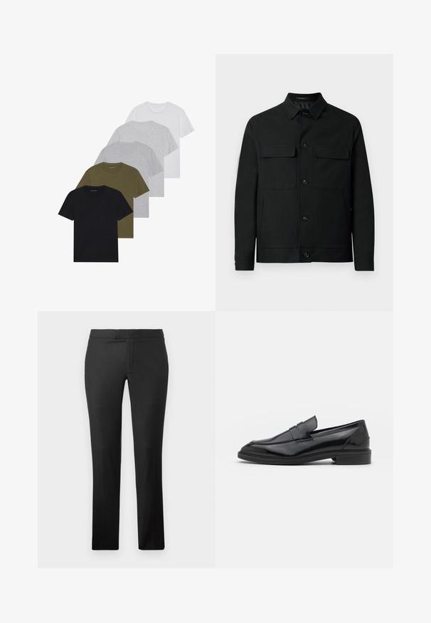 Crna jakna od glatkog materijala, s ovratnikom, dva džepa na prsima i dugmadima za zatvaranje sprijeda.; Pet majica s okruglim izrezom u crnoj, maslinastoj, svijetlo sivoj, tamno sivoj i bijeloj boji. Izrađene od mekane tkanine s kratkim rukavima i ležernim krojem.; Crne ravne hlače izrađene od glatkog materijala, s ravnim prednjim dijelom, bez vidljivih džepova i čistim dizajnom struka.; Crne kožne mokasine s glatkom površinom, s okruglim vrhom i uskim pojasom preko gornjeg dijela. Nizak slojeviti potplat.