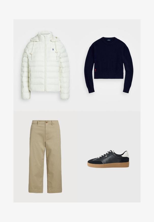 Λευκή σφραγισμένη ζακέτα με φερμουάρ και κουκούλα. Διαθέτει οριζόντιες ραφές και μπλε λογότυπο στο αριστερό στήθος. Μαλακή, λεία υφή.; Ναυτικό μπλε κοντό πουλόβερ φτιαγμένο από μαλακό πλεκτό υλικό, με ραμμένο γιακά και τελείωμα, και κόκκινο κεντητό λογότυπο polo στη κάτω αριστερή πλευρά.; Μπεζ βαμβακερό παντελόνι με ίσια γραμμή, με κλείσιμο κουμπιού και πλαϊνές τσέπες, τελειωμένο με καθαρές ραφές και απαλό υφή.; Μαύρα δερμάτινα και σουέτ αθλητικά παπούτσια με καφέ λάστιχο. Διαθέτουν λευκές κορδόνες και μικρές τρύπες στα πλάγια. Παρών ο λογότυπος της Michael Kors.