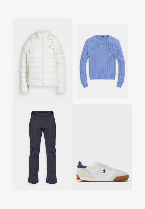 Casaco puffer branco com fecho de zíper e capuz. Apresenta seções acolchoadas horizontais e um logótipo azul no lado esquerdo do peito. Textura suave e lisa.; Suéter em malha azul claro com gola redonda, punhos e bainha canelados, apresentando um pequeno logotipo no lado esquerdo do peito.; Calças de esqui azuis feitas de um tecido elástico, com um cós alto, bolsos com zíper e acentos almofadados nos joelhos para uma proteção melhorada.; Sapatilha branca com detalhes em camurça, com pormenor em azul-marinho no calcanhar e sola de borracha. Apresenta um sistema de atacadores tradicional e um logótipo bordado na lateral.