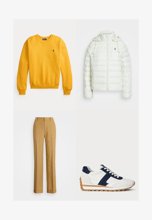 Hvit pufferjakke med glidelås og hette. Har horisontale kviltepartier og en blå logo på venstre bryst. Myk, glatt tekstur.; Gul genser med ribbestrikkede mansjetter og kant, rund hals og en liten blå logo på brystet. Laget av mykt bomullsmateriale.; Polo Ralph Lauren YARD LINEN FULL FLAT FRONT - Bukse - sand dune; Hvit sneaker med marineblå denim og semsket skinn detaljer. Den har en teksturert overdel, polstret krage, snøring foran og en kontrasterende gummisåle.