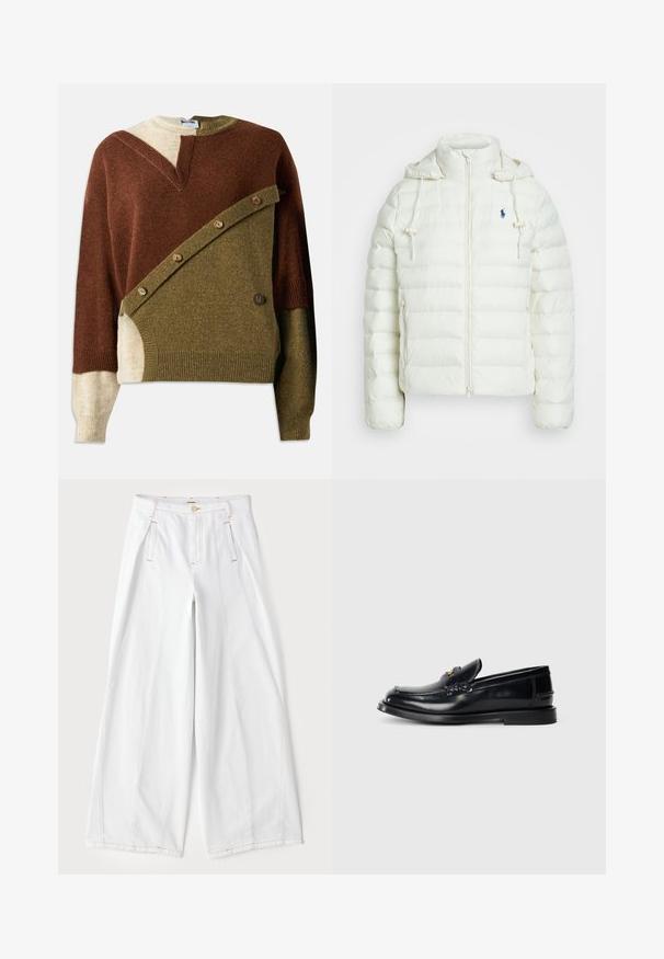 Valge puhvijakk, millel on lukuga sulgemine ja kapuuts. Omab horisontaalseid tepinguga sektsioone ja sinist logot vasakul rinnal. Pehme, sile tekstuur.; Kootud kampsun, mis esindab pruunide, oliivroheliste ja beežide toonide segu. Sisaldab ainulaadset diagonaalset disaini ja nööbi aktsente ees.; Laiad valged teksapüksid, millel on kontrastset oranži õmblust, ees voldid ja klassikaline viie tasku disain.; Mustast nahast loafer, millel on õmmeldud muster, väike esiflap ja lame kummist tald. Sujuv tekstuur kuldse viimistlusega.