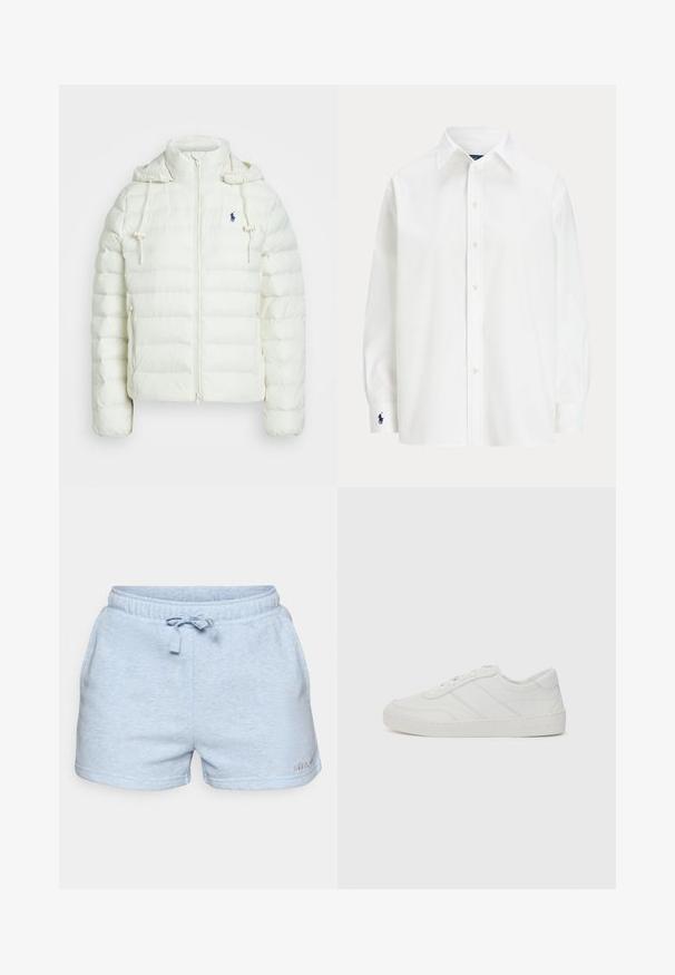 Valge puhvijakk, millel on lukuga sulgemine ja kapuuts. Omab horisontaalseid tepinguga sektsioone ja sinist logot vasakul rinnal. Pehme, sile tekstuur.; Valge nupuga särk pikkade varrukatega, klassikalise kraega ja väikese sinise logoga mansetil. Sile puuvillane kangas, struktureeritud lõige.; Heledad sinise puuvillased lühikesed püksid elastse vöökoha, reguleeritava paelaga ja külje taskutega. Tootmisprotsessis on kasutatud reljeefset kangast ja õmblustega detaile.; Valge nahast sneaker, millel on lamedad paelad, ümar nina ja peened õmblused. Omab tekstureeritud tallat ja reljeefset brändi logo kanna juures.