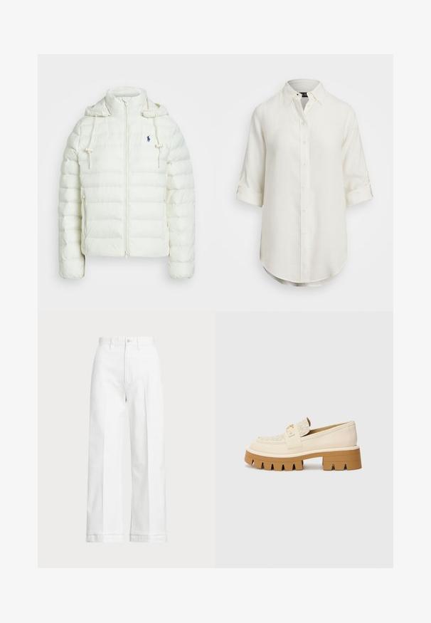Bijela puf jakna s zatvaračem i kapuljačom. Ima horizontalne šavove i plavi logotip na lijevoj strani prsnog koša. Mekana, glatka tekstura.; Bijela lanena košulja s dizajnom na dugmad, kratkim prevrnutim rukavima, ovratnikom i zaobljenim rubom. Ima svijetle gumbe.; Bijele široke hlače s visokim strukom, s kopčanjem na dugme i suptilnim detaljima šivanja. Izrađene su od pamuka s glatkom teksturom.; Bež loaferice s teksturiranim krem trakama, s robusnom smeđom potplatom s uzorcima nalik zubima. Zlatni detalj na kopči.