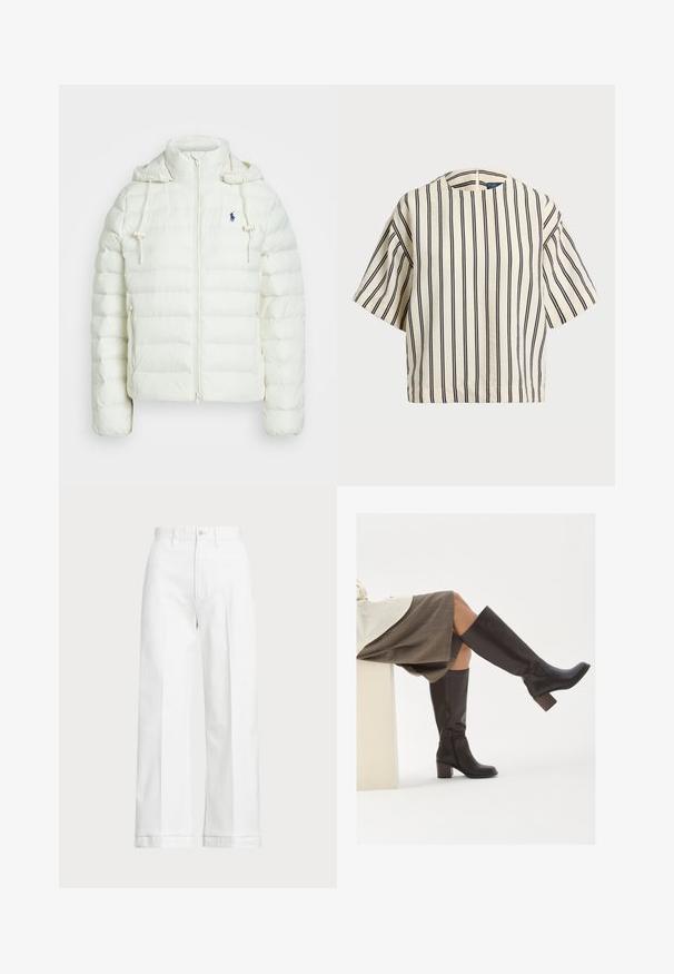 Casaco puffer branco com fecho de zíper e capuz. Apresenta seções acolchoadas horizontais e um logótipo azul no lado esquerdo do peito. Textura suave e lisa.; Top de manga curta, riscado em creme e azul marinho, com decote redondo e design boxy em tecido texturizado.; Calças brancas de perna larga com uma cintura alta, apresentando um fecho de botão e detalhes de costura discreta. Feitas de algodão com uma textura suave.; Botas castanhas de couro até ao joelho, com bico quadrado, salto robusto e fecho lateral em zíper. Textura suave com um acabamento polido.