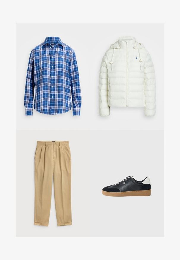 White puffer jacket with a zip closure and hood. Features horizontal quilted sections and a blue logo on the left chest. Soft, smooth texture.; Polo Ralph Lauren RELAXED FIT LINEN SHIRT - Button-down blouse - blue/navy white; Light beige cotton trousers with a relaxed fit, featuring front pleats, side pockets, and a cuffed hem.; Black leather and suede sneaker with a light brown rubber sole. Features white laces and small perforations on the sides. Michael Kors logo present.