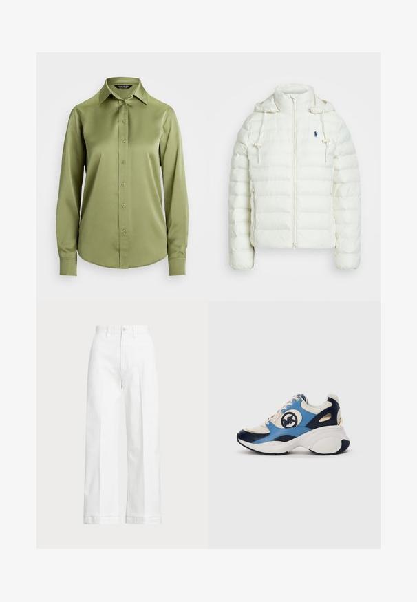 Casaco puffer branco com fecho de zíper e capuz. Apresenta seções acolchoadas horizontais e um logótipo azul no lado esquerdo do peito. Textura suave e lisa.; Camisa de manga longa em seda verde-oliva com colarinho clássico e frente com botões. Textura suave e bainha curva, com botões a condizer.; Calças brancas de perna larga com uma cintura alta, apresentando um fecho de botão e detalhes de costura discreta. Feitas de algodão com uma textura suave.; Sapatilhas de camurça brancas, azuis-marinho e azuis claras com sola chunky e logótipo bordado circular ao lado.