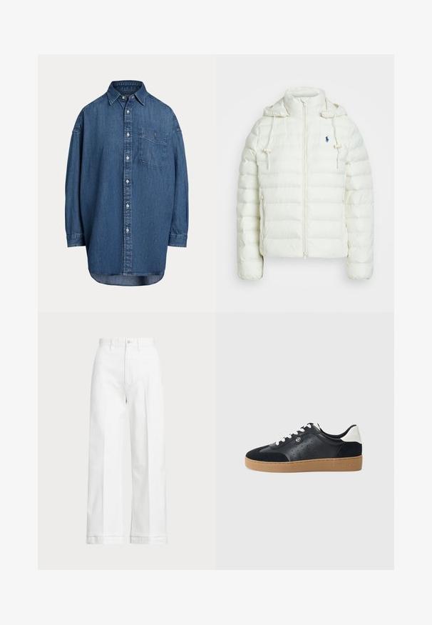 Casaco puffer branco com fecho de zíper e capuz. Apresenta seções acolchoadas horizontais e um logótipo azul no lado esquerdo do peito. Textura suave e lisa.; Camisa de ganga abotoada em azul escuro. Apresenta um bolso no peito, mangas longas e um corte descontraído. Detalhes de costura subtis ao longo das costuras.; Calças brancas de perna larga com uma cintura alta, apresentando um fecho de botão e detalhes de costura discreta. Feitas de algodão com uma textura suave.; Sapatilhas de couro preto e camurça com sola de borracha castanha-clara. Apresenta atacadores brancos e pequenos furos nas laterais. Logótipo da Michael Kors presente.