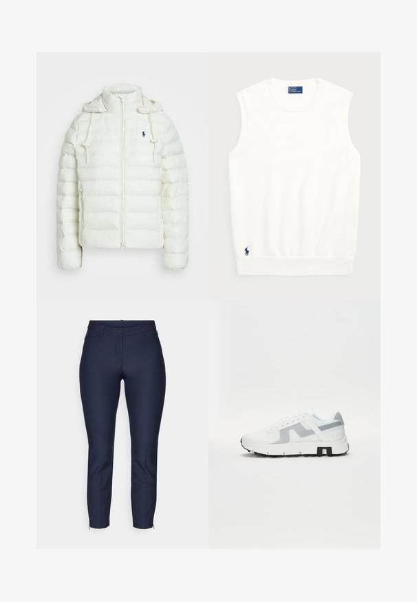 Vit pufferjacka med dragkedja och huva. Har horisontella quiltade partier och en blå logotyp på vänster bröst. Mjuk, slät yta.; Vit ärmlös sweater gjord av mjuk bomull, med en ribbad nederkant och en liten marinblå logga på nedersta vänstra delen. Enkelt design, utan mönster.; Mörkblå byxor med smal passform, tillverkade av slätt tyg. Har en knappstängning, bälteshällor och dragkedjor vid anklarna.; Vita atletiska sneakers med grå detaljer, en texturerad ovandel, tjock sula och kontrasterande svart häl. Snörningsdesign med nätpaneler.