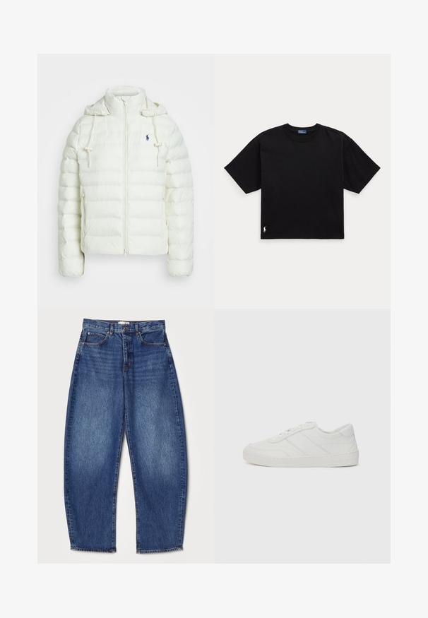 Witte pufferjack met een ritssluiting en capuchon. Heeft horizontale gestikte secties en een blauw logo op de linkerborst. Zachte, gladde textuur.; Zwarte katoenen T-shirt met korte mouwen, ronde hals en een klein wit logo op de linker benedenkant. Klassieke, rechte pasvorm met minimale details.; Denim jeans met een losse pasvorm, middelhoge taille, diepblauwe kleur, vervaagde textuur, vijf-pocket ontwerp en rechte pijpenopening.; Witte leren sneaker met platte veters, ronde neus en subtiele stiksels. Beschikt over een gestructureerde zool en een in reliëf gedrukt merkteken op de hiel.