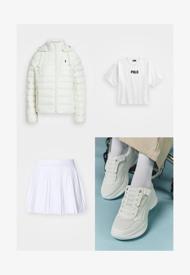 Bela pufasta jakna z zadrgo in kapuco. Ima vodoravne kvadratne odseke in modro logo na levem prsnem delu. Mehka, gladka tekstura.; Bela bomba majica s kratkimi rokavi, na sprednji strani ima črno vezeno oznako "POLO". Preprost, kvadratast dizajn.; Bela plisirana krila z mehnim elastičnim pasom, ki se ponaša z gladko teksturo in minimalističnim dizajnom brez dodatnih vzorcev ali akcentov.; Bele teniske z mrežastim materialom, gumene podplate, brez vezalk, z elastikami in zlatimi akcenti.