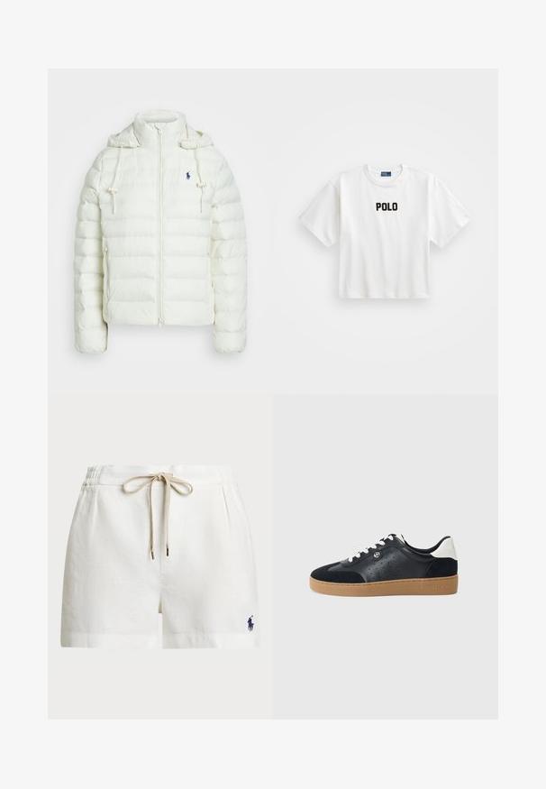 Balts pūkains mētelis ar rāvējslēdzēju un kapuci. Iezīmes horizontālas quiltētas zonas un zils logo kreisajā krūtī. Mīksta, gluda tekstūra.; Balta kokvilnas T-krekls ar īsām piedurknēm, ar melnu izšūtu "POLO" logo priekšpusē. Vienkāršs, kvadrātveida dizains.; Baltas linsēklu šorti ar elastīgu jostasvietu, bēšas krāsas saiti un mazu tumši zilu logo kreisajā pusē. Piedāvā brīvu piegriezumu un sānu kabatas.; Melnas ādas un zamša kedas ar gaiši brūnu gumijas zoli. Iekļautas baltas šņorītes un mazi perforācijas sānos. Redzams Michael Kors logo.