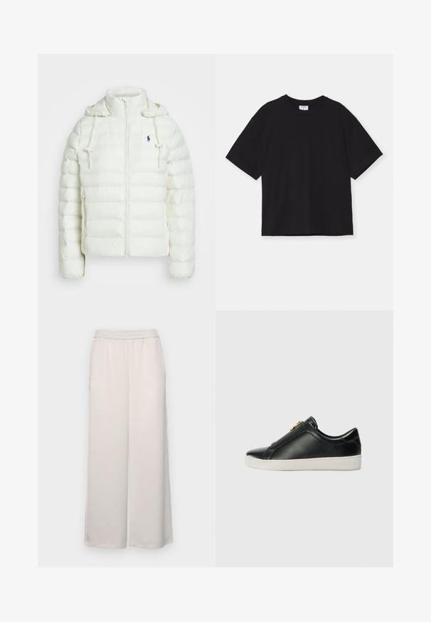 Jachetă puf albă cu închidere prin fermoar și glugă. Prezintă secțiuni matlasate orizontale și un logo albastru pe pieptul stâng. Textură moale și netedă.; Tricou scurt cu mânecă, de culoare neagră, fabricat din bumbac. Are o croiala lejeră, guler rotund și nu prezintă modele sau aplicații vizibile.; Pantaloni largi de culoare bej deschis, cu talie elastică. Material neted, lungime completă, fără ornamentații sau modele vizibile.; Pantofi negri din piele, cu slip-on, cu o cusătură ridicată, detalii metalice argintii pe partea superioară și o talpă din cauciuc albă cu un logo embosat.
