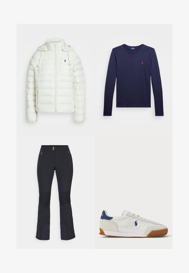 Λευκή σφραγισμένη ζακέτα με φερμουάρ και κουκούλα. Διαθέτει οριζόντιες ραφές και μπλε λογότυπο στο αριστερό στήθος. Μαλακή, λεία υφή.; Ναυτικό μπλουζάκι μακρυμάνικο από βαμβάκι. Διαθέτει στρογγυλή λαιμόκοψη και μικρό κόκκινο λογότυπο polo στο αριστερό στήθος. Λείος υφασμάτινος χαρακτήρας, εφαρμοστή γραμμή.; Μαύρο παντελόνι σκι από ελαστικό ύφασμα, με εφαρμοστή σχεδίαση, ραβδωτές λεπτομέρειες στα γόνατα και τσέπες με φερμουάρ στα πλάγια. Ίσια μπροστινή όψη με δύο κουμπιά.; Λευκό αθλητικό παπούτσι με σουέτ λεπτομέρειες, μπλε απόχρωση στη φτέρνα και καουτσούκ σόλα. Διαθέτει παραδοσιακά κορδόνια και κεντημένο λογότυπο στο πλάι.