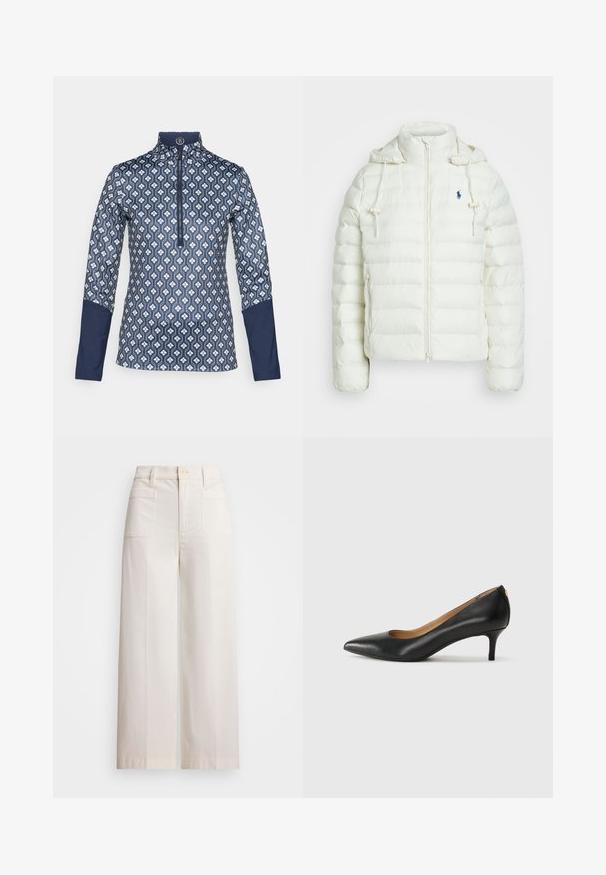 Fehér puffernadrág zipzárral és kapucnival. Horizontálisan steppelt részekkel és kék logóval a bal mellen. Puha, sima textúrával.; Hosszú ujjú, cipzáros felső sötét tengerészkék színben, geometrikus fehér mintával; a karokon és a galléron egyszínű tengerészkék díszek találhatók.; Krém színű pamut, széles lábú, magas derekú nadrág. Elöl és hátul zsebekkel, sima felülettel és precíz varrásokkal rendelkezik.; Fekete bőrpumpa hegyes orral, alacsony sarokkal és sima felülettel. Elöl enyhe nyílással rendelkezik, hátul pedig minimális részletezéssel.