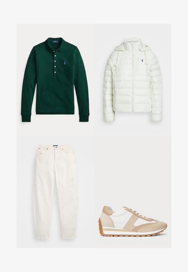Fehér puffernadrág zipzárral és kapucnival. Horizontálisan steppelt részekkel és kék logóval a bal mellen. Puha, sima textúrával.; Zöld, hosszú ujjú pamut poloing. Hajtott gallérral, ötgombos patenttal és lila logóval a bal mellrészen.; Fehér farmerszárú nadrág egyenes szabással, magas derékkal, réz szegecsekkel és öt zsebbel. Simább textúra, klasszikus stílus.; Lauren Ralph Lauren DANI SUEDE & LEATHER SNEAKER - Sportcipő - snw wht/sand dune/sand dune