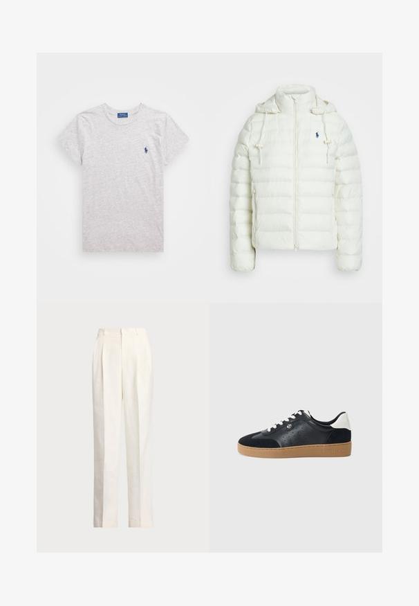 Valge puhvijakk, millel on lukuga sulgemine ja kapuuts. Omab horisontaalseid tepinguga sektsioone ja sinist logot vasakul rinnal. Pehme, sile tekstuur.; Hallid lühikeste varrukatega hall t-särk, mis on valmistatud pehmest puuvillast ja millel on ümar kaelus. Vasakul rinnal on väike sinine tikandiga logo.; Polo Ralph Lauren HEMP WIDE LEG PANT - Püksid - nevis; Must musta ja sametist tennisjalanõud helepruunist kummist tallaga. Omab valgeid paelu ja väikseid pooride aukusid külgedel. Michael Korsi logo on olemas.