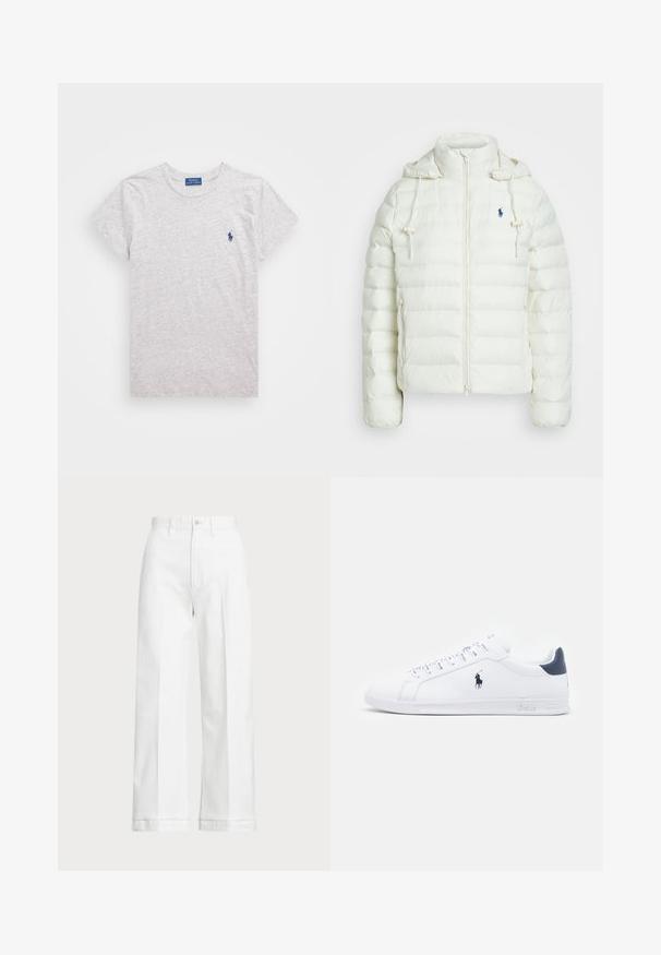 Fehér puffernadrág zipzárral és kapucnival. Horizontálisan steppelt részekkel és kék logóval a bal mellen. Puha, sima textúrával.; Szürke, rövid ujjú, puha pamut póló, kerek nyakkivágással. Bal mellen egy kis kék hímzett logó található.; Fehér, bő szárú nadrág magas derekú szabással, gombos záródással és diszkrét varrási részletekkel. Pamutból készült, sima tapintással.; Fehér bőr sportcipők sima felülettel, tengerészkék részletekkel és egy kis logóval az oldalukon. Lapos fűzőkkel és texturált gumi talppal rendelkezik.