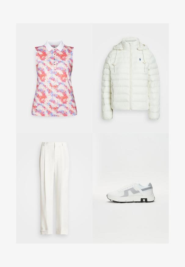 Bílá péřovka s uzávěrem na zip a kapucí. Obsahuje horizontálně prošívané sekce a modré logo na levé hrudi. Jemná, hladká textura.; Bezrukávový polokošile s bílým límcem, zdobená barevným abstraktním vzorem v růžové, modré a krémové barvě. Zapínání na knoflíčky na krku.; Bílé upravené kalhoty s dvěma předními sklady, rovného střihu a s přehnutými lemy. Vyrobené z hladké látky, s klasickým designem.; Bílé sportovní tenisky se šedými akcenty, texturovaným svrškem, silnou podrážkou a kontrastním černým detailem na patě. Systém šněrování s síťovinovými panely.