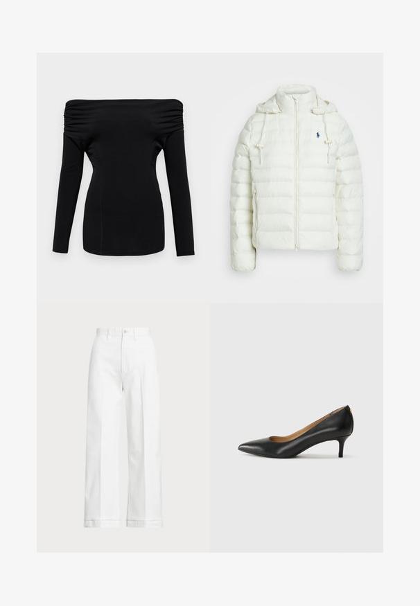 Weißer Puffer-Jacke mit Reißverschluss und Kapuze. Mit horizontalen Steppabschnitten und einem blauen Logo auf der linken Brust. Weiche, glatte Textur.; Schwarzes, langärmliges Oberteil mit schulterfreiem Design. Verfügt über geraffte Details an den Schultern und eine taillierte Silhouette. Glatte Textur.; Weiße Weitbein-Hosen mit hoher Taille, ausgestattet mit einem Knopfverschluss und subtilen Stickdetails. Hergestellt aus Baumwolle mit glatter Textur.; Schwarzer Lederpumps mit spitzem Zehenbereich, niedrigem Absatz und glatter Textur. Verfügt über eine leichte Öffnung an der Vorderseite und minimale Beschläge an der Rückseite.