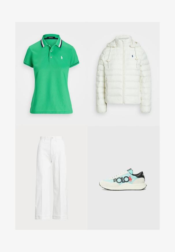 Λευκή σφραγισμένη ζακέτα με φερμουάρ και κουκούλα. Διαθέτει οριζόντιες ραφές και μπλε λογότυπο στο αριστερό στήθος. Μαλακή, λεία υφή.; Πράσινο polo μπλουζάκι με κλασικό σχέδιο, κοντό μανίκι, πλέγμα με δύο κουμπιά και άσπρο έμβλημα αλόγου στο αριστερό στήθος. Ναυτικές λωρίδες υποστρώματος.; Λευκό παντελόνι σε φαρδύ σχέδιο με ψηλή μέση, που διαθέτει κλείσιμο με κουμπί και διακριτές ραφές. Κατασκευασμένο από βαμβάκι με λεία υφή.; Αθλητικά παπούτσια με σώμα σε ανοιχτό μπλε χρώμα, λευκές σουέτ λεπτομέρειες, μαύρη φτέρνα και επισημάνσεις του μαύρου λογότυπου "POLO" με την κόκκινη σιλουέτα του παίκτη πόλο.