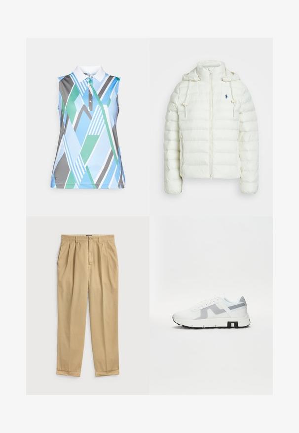 Bílá péřovka s uzávěrem na zip a kapucí. Obsahuje horizontálně prošívané sekce a modré logo na levé hrudi. Jemná, hladká textura.; Bez rukávů, polo triko v modré, zelené a šedé abstraktní geometrické vzory. Obsahuje bílý límeček a tříknoflíkovou légu. Hladká látka.; Světle béžové bavlněné kalhoty s volným střihem, které mají přední záhyby, boční kapsy a manžetu na dolním okraji.; Bílé sportovní tenisky se šedými akcenty, texturovaným svrškem, silnou podrážkou a kontrastním černým detailem na patě. Systém šněrování s síťovinovými panely.