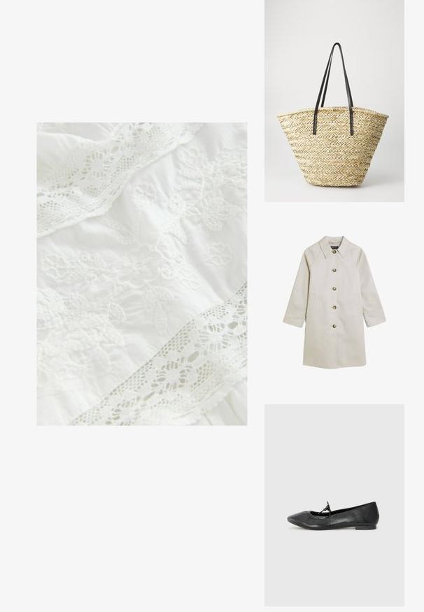 Manteau beige clair en matériau lisse, avec un col en V, une fermeture à boutons, des poches latérales et des manches raglan.; Tissu blanc avec une broderie florale complexe et une délicate finition en dentelle. Texture douce avec des éléments de design en couches tout au long.; Ballerines en cuir noir avec un bout pointu, une surface texturée et un petit nœud décoratif sur le devant. Talon bas et plat.; Sac en osier tissé avec une forme large et effilée, doté de deux poignées en cuir noir. Couleur beige naturel avec une surface texturée.