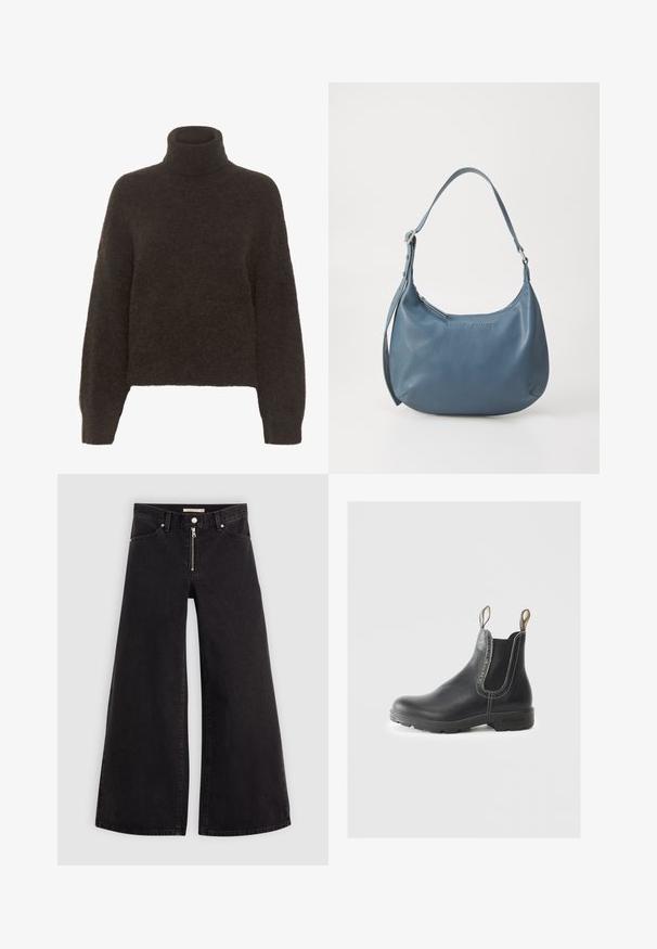 Jasno beżowy płaszcz wykonany z gładkiego materiału, z klapami na kołnierzu, zapięciem na guziki, kieszeniami po bokach oraz rękawami raglanowymi.; Gestuz ALPHA ciemnobrązowy; Jeans o szerokich nogawkach w czarnym denienie z zamkiem błyskawicznym z przodu, pięcioma kieszeniami i subtelnymi detalami przeszycia. Gładka tekstura i swobodny styl.; Czarne skórzane botki Chelsea z elastycznymi panelami bocznymi, teksturowanym wykończeniem, pętelkami do zakładania oraz solidną gumową podeszwą. Posiadają detal w postaci kontrastowych szwów.; Niebieska skórzana torebka o zaokrąglonym kształcie, z jedną rączką na ramię, zamykana na zamek błyskawiczny, z wytłoczonym logo na przodzie. Gładka faktura.