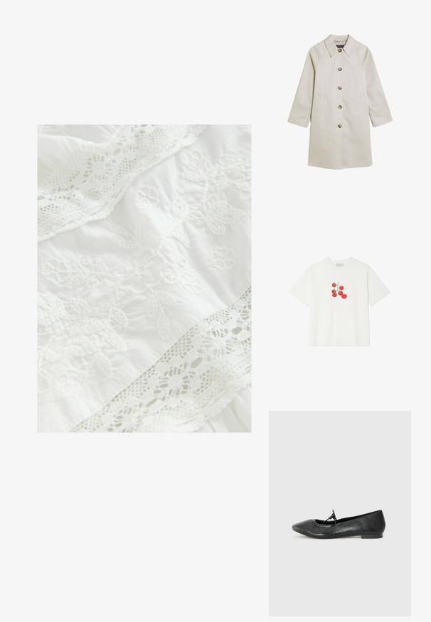 Jasno beżowy płaszcz wykonany z gładkiego materiału, z klapami na kołnierzu, zapięciem na guziki, kieszeniami po bokach oraz rękawami raglanowymi.; Biała bawełniana koszulka z grafiką pięciu czerwonych pomidorów. Krótkie rękawy i luźny krój. Gładka tekstura o żywych kolorach.; Biała tkanina z misternym haftem kwiatowym i delikatnym koronkowym wykończeniem. Miękka faktura z warstwowymi elementami projektu w całej powierzchni.; Czarne skórzane baleriny z noskiem w kształcie grota, teksturowaną powierzchnią i małą kokardką na cholewce. Niski, płaski obcas.; Woven straw tote bag o szerokim, stożkowatym kształcie, z dwoma czarnymi skórzanymi uchwytami. Naturalny beżowy kolor o fakturowej powierzchni.