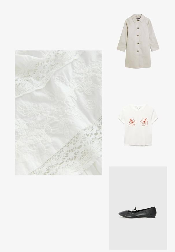 Svetle béžový kabát z hladkého materiálu, s klopovým límcem, zapínáním na knoflíky, bočními kapsami a raglánovými rukávy.; Bílý krátký rukáv tričko s dvěma vyšitými oranžovými květy hibiskusu na přední straně. Měkká tkanina s uvolněným střihem a kulatým výstřihem.; Bílá látka s propracovanou květinovou výšivkou a jemným krajkovým lemem. Měkká textura s vrstvenými designovými prvky po celé ploše.; Černé kožené baletní byty s špičatou špičkou, texturovaným povrchem a malou mašlí na nártu. Nízký, plochý podpatek.; Tkaná slámová taška s širokým, zúženým tvarem, se dvěma černými koženými uchy. Přírodní béžová barva s texturovaným povrchem.