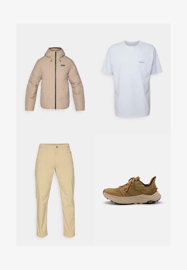 Beige puffjakke med hætte, lynlås og elastiske manchetter. Har et vandafvisende stof og et lille logo på brystet.; Hvid bomulds t-shirt med korte ærmer, rund hals og en lomme på venstre bryst med et blåt "Patagonia"-logo. Klassisk pasform med en glat tekstur.; Patagonia QUANDARY PANTS - Outdoorbukser - classic tan; HOKA ANACAPA 2 FREEDOM - Hikingsko - wheat/oak