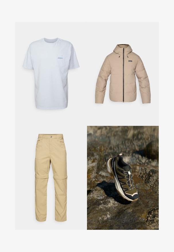 Smėlinė pūkinė striukė su gobtuvu, užtrauktuku ir elastingomis rankovėmis. Pagaminta iš vandeniui atsparios medžiagos, ant krūtinės yra mažas logotipas.; Balta medvilninė marškinėliai su trumpomis rankovėmis, apvaliu kaklu ir kairėje krūtinės pusėje esančia kišenėle, turinčia mėlyną "Patagonia" logotipą. Klasikinis siluetas su lygiu paviršiumi.; Šviesiai rudos kelnių su užtrauktuku, turinčių lygų paviršių, su dviem šoninėmis kišenėmis, mygtuko uždarymu ir sukabinamais kelnių galais, kad būtų galima naudoti įvairiai.; Žygio batai olivų žalios ir juodos spalvos su rožiniais akcentais. Turi tekstūruotą viršutinę dalį, lankstų pado tipą, sustiprintą pirštų dalį ir spalvingą raištelių sistemą.