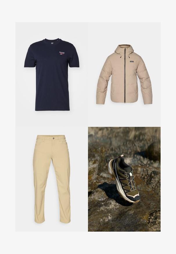 Smėlinė pūkinė striukė su gobtuvu, užtrauktuku ir elastingomis rankovėmis. Pagaminta iš vandeniui atsparios medžiagos, ant krūtinės yra mažas logotipas.; Tamsiai mėlynas trumpas rankovė t-shirt, pagamintas iš medvilnės, su mažu baltos ir raudonos spalvos Reebok logotipu kairėje krūtinės pusėje. Klasikinis apvalus kaklas.; Patagonia QUANDARY PANTS - Lauko kelnės - classic tan; Žygio batai olivų žalios ir juodos spalvos su rožiniais akcentais. Turi tekstūruotą viršutinę dalį, lankstų pado tipą, sustiprintą pirštų dalį ir spalvingą raištelių sistemą.