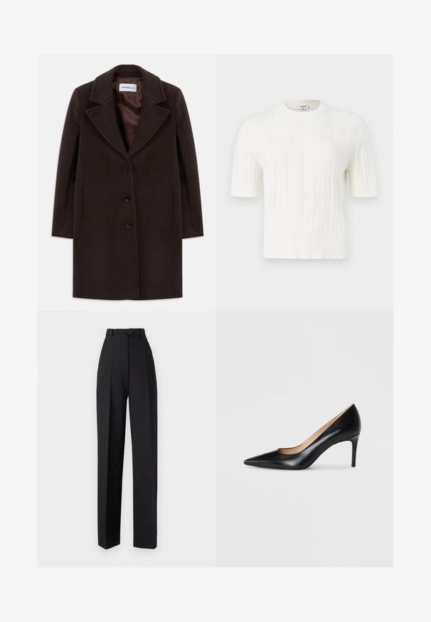 Tamsiai rudas vilnonių medžiagų iki kelių ilgio paltas su trimis juodomis sagomis, plačiu apykaklės kraštu ir lygiu satino pamušalu, pažymėtas Marella.; Baltas megztas trumpomis rankovėmis džemperis, turintis vertikalių raukšlių ir apvalią iškirptę. Pagamintas iš minkštos medžiagos su tekstūruotu paviršiumi.; Juodos aukšto liemens kelnės su klostėmis, pasižyminčios pritaikytu dizainu ir tiesiomis kojomis. Pagamintos iš lygaus audinio, su minimaliais akcentais.; Juodas odinis aukštakulnis batelis su smailiu padu, elegantiška siluetu ir lygiu paviršiumi. Yra plonas kulnas ir mažas iškirpimas šonuose.