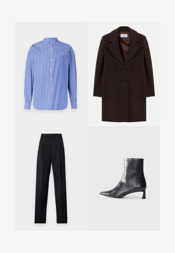 Cappotto in lana marrone scuro, lungo fino al ginocchio, con tre bottoni neri, colletto ampio e fodera in raso liscia, etichettato Marella.; Camicia a righe blu e bianche con colletto, maniche lunghe, taschino frontale e orlo leggermente arrotondato. Realizzata in tessuto morbido.; Pantaloni neri realizzati in tessuto morbido, caratterizzati da vita alta, gambe larghe, pince frontali e classiche passanti per cintura. Non ci sono tasche laterali visibili.; Stivaletto in pelle nera con punta affusolata e design elegante. Presenta un tacco basso e una chiusura con zip sul retro. Texture liscia.
