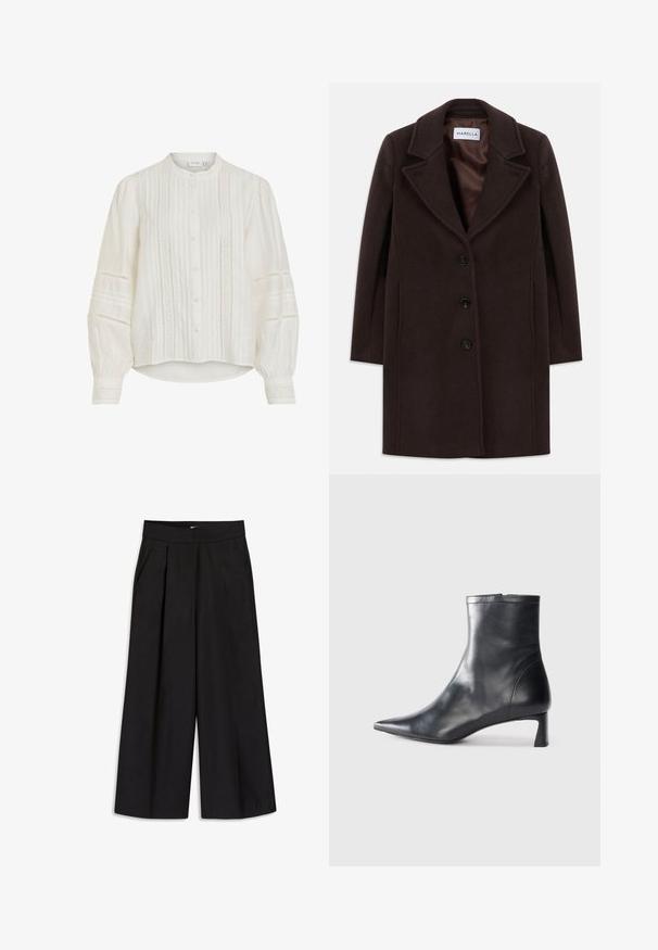 Mörkbrun ullkappor i knälängd med tre svarta knappar, bred slagkrage och slät satinklänning märkt Marella.; Vit blus med mandarin-krage, knappstängning och veckade detaljer. Luftiga långa ärmar med intrikata spetsakcenter. Lättviktig tyg.; Svarta byxor med vida ben, veck, bälteshällor och sidofickor. Slät tygkvalitet med skräddarsydd finish. Inga synliga detaljer eller mönster.; Svart läder ankelboot med spetsig tå och en smidig design. Har en låg klack och en dragkedjestängning bak. Slät textur.