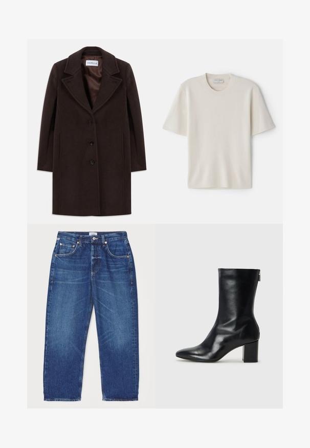 Tmavě hnědý vlněný kabát po kolena se třemi černými knoflíky, širokým klopovým límcem a hladkým saténovým podšívkou označený značkou Marella.; Krémové tričko s krátkým rukávem a kulatým výstřihem, vyrobené z jemného materiálu, s rovný střih a minimálními detaily.; Citizens of Humanity DAHLIA IN CLAREMONT - Džíny Relaxed Fit - dark-blue denim; Černé kožené kotníkové boty s špičatou špičkou a blokovým podpatkem o výšce 4 cm. Elegantní design obsahuje boční zip pro snadné obouvání. Hladká textura.