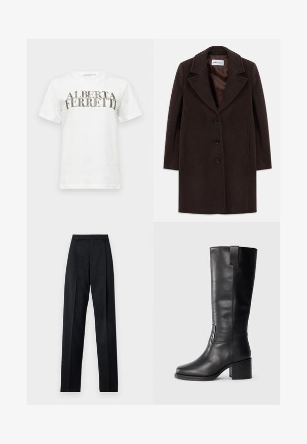 Donkerbruine wollen knie-lange jas met drie zwarte knopen, brede reverskraag en gladde satijnen voering gemarkeerd met het label Marella.; Witte katoenen t-shirt met een opvallend zwart en zilver grafisch tekstontwerp met de tekst "ALBERTA FERRETTI." Korte mouwen en een ronde hals.; Zwarte broek gemaakt van gladde stof met een hoge taille, wijde benen, voorplooien en klassieke ceintuurlussen. Geen zijzakken zichtbaar.; Zwarte leren kniehoge laarzen met een gladde textuur, vierkante neus, blokhak en zijhandvat, met minimale stikseldetails.